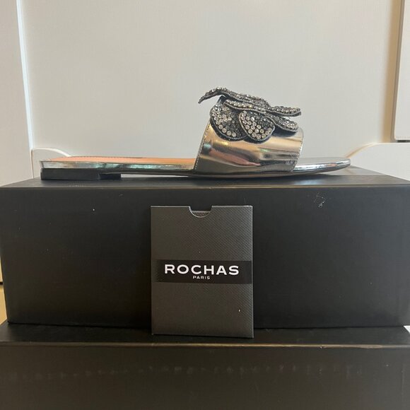 Women’s Rochas Silver Luxury Sandals Flats, Black & Silver Rhinestones 7.5 US - Picture 4 of 5